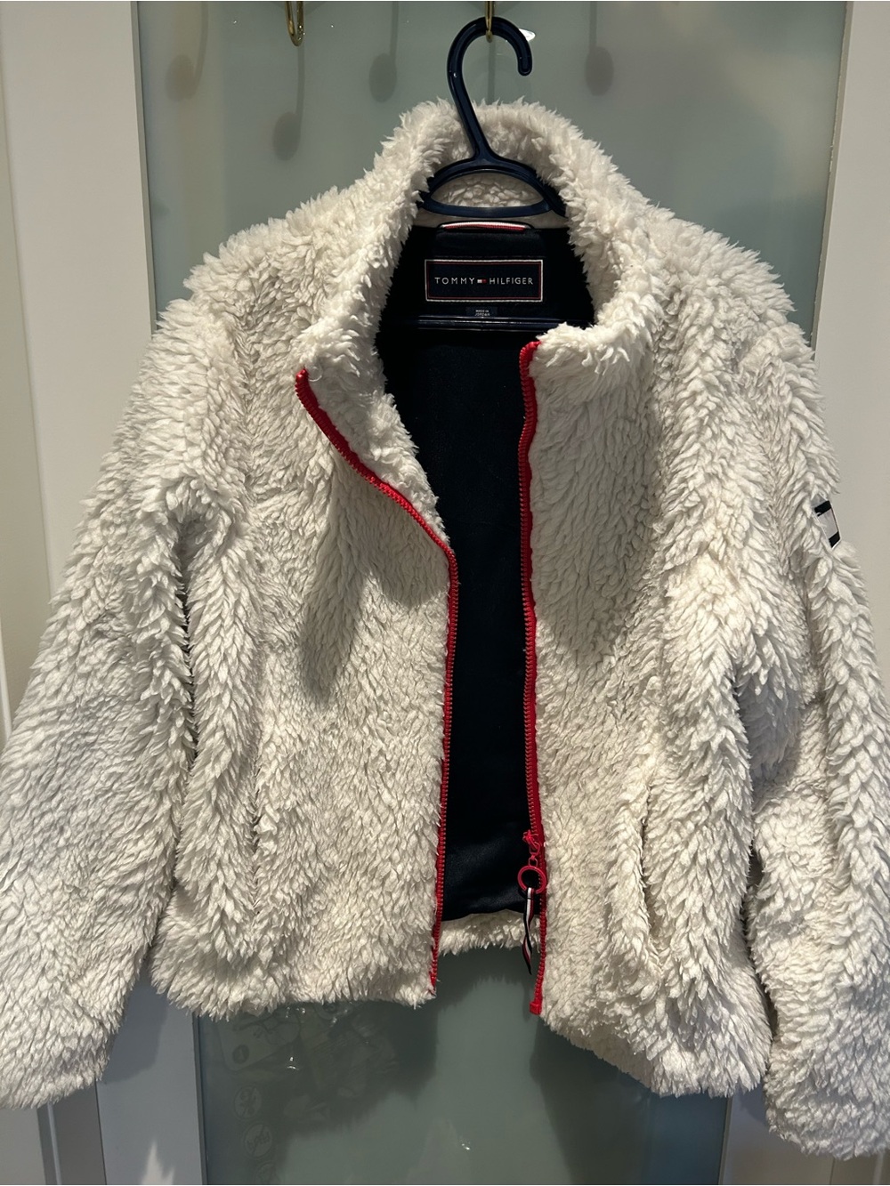 Tommy Hilfiger Cream Sherpa Jacket with Red Zip Trim